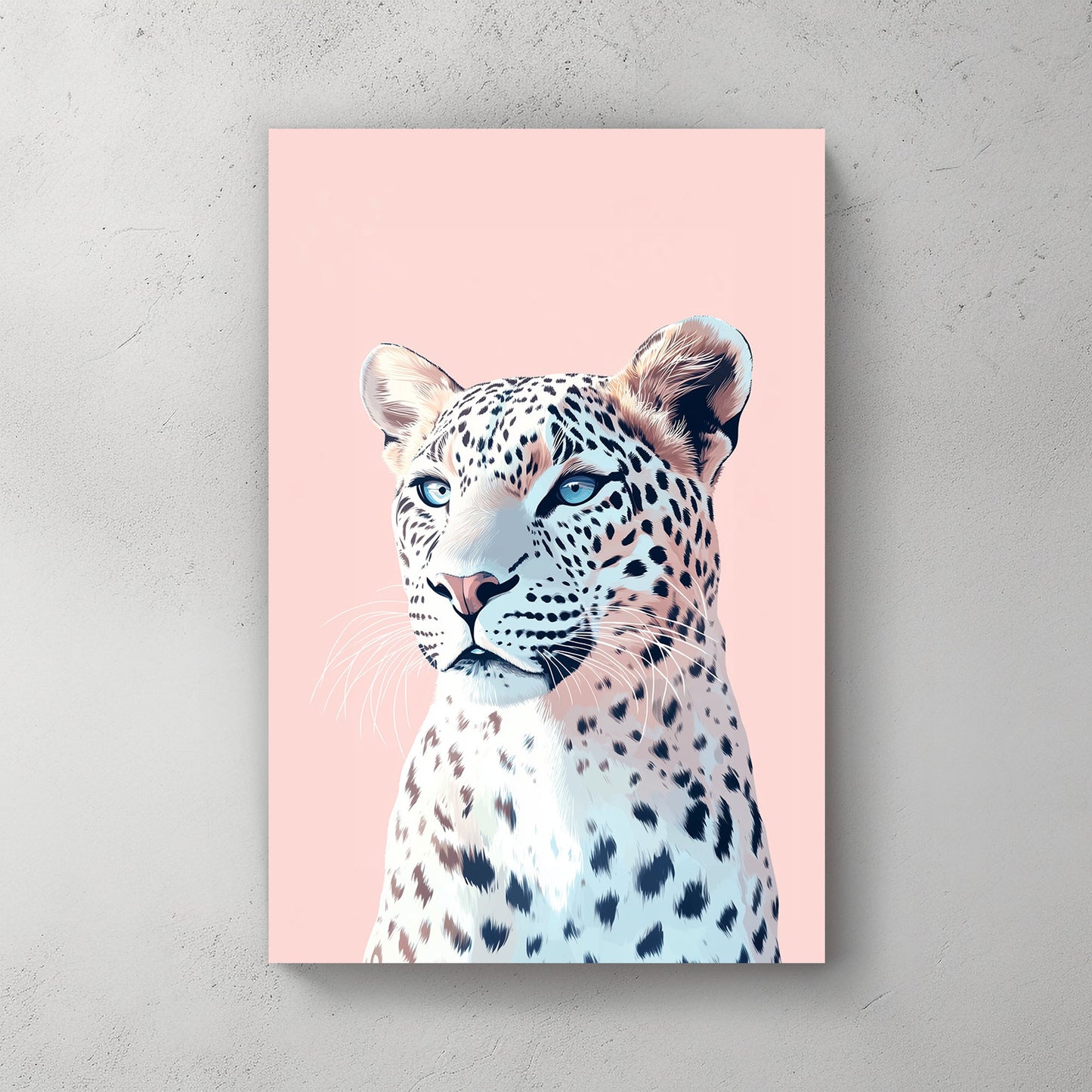 A modern pastel digital illustration of a snow leopard with icy blue eyes against a soft pink background, blending elegance with contemporary art.