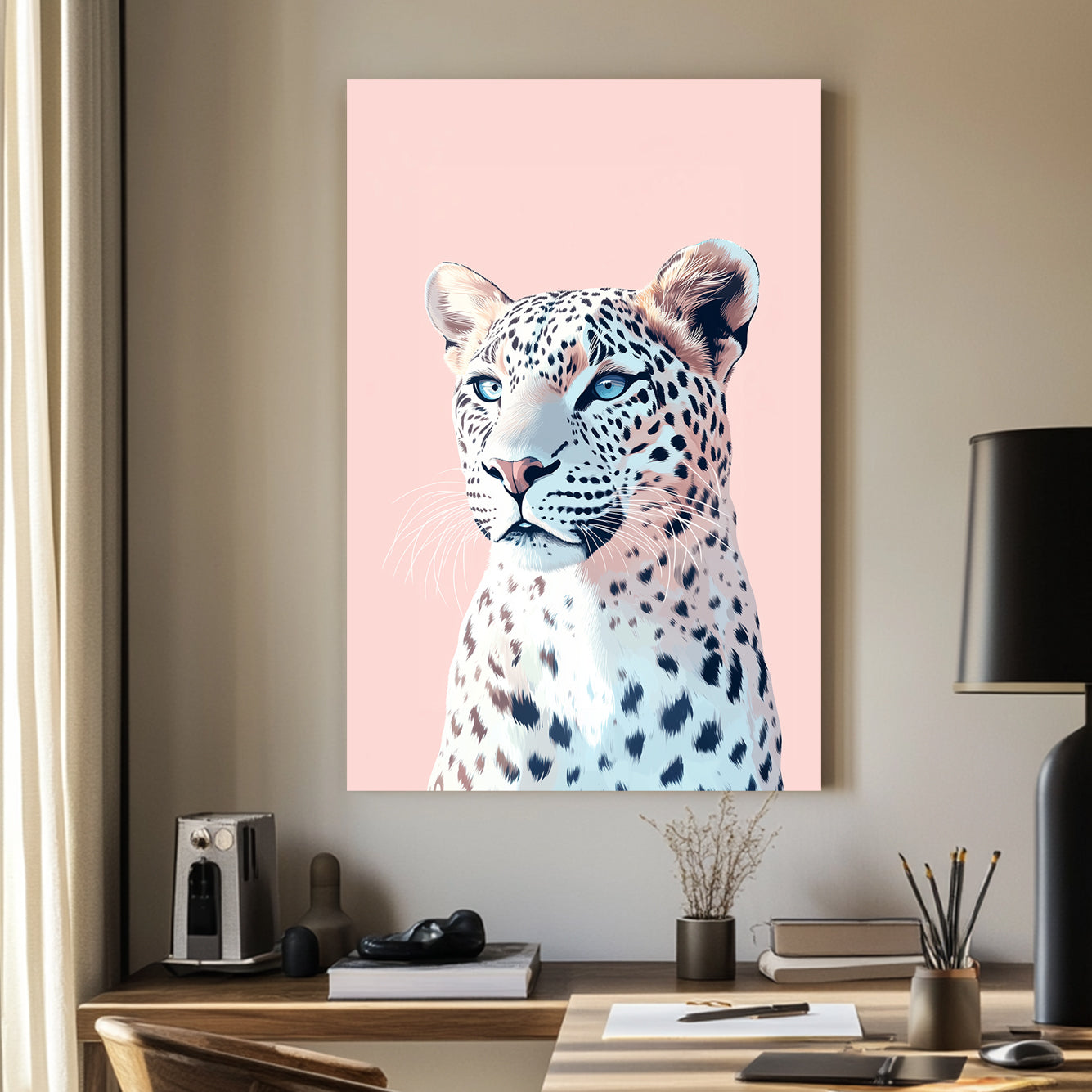 A modern pastel digital illustration of a snow leopard with icy blue eyes against a soft pink background, blending elegance with contemporary art.