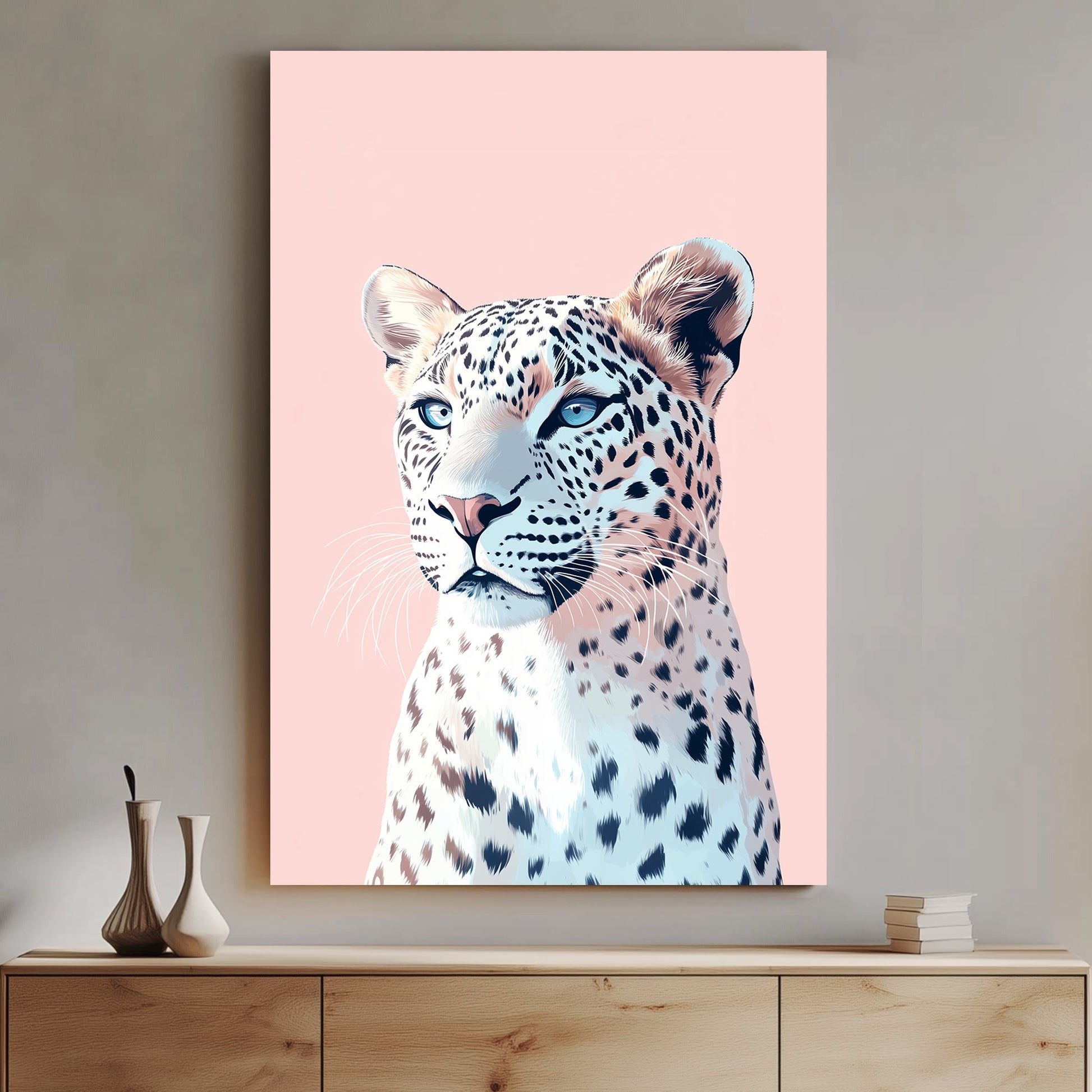 A modern pastel digital illustration of a snow leopard with icy blue eyes against a soft pink background, blending elegance with contemporary art.
