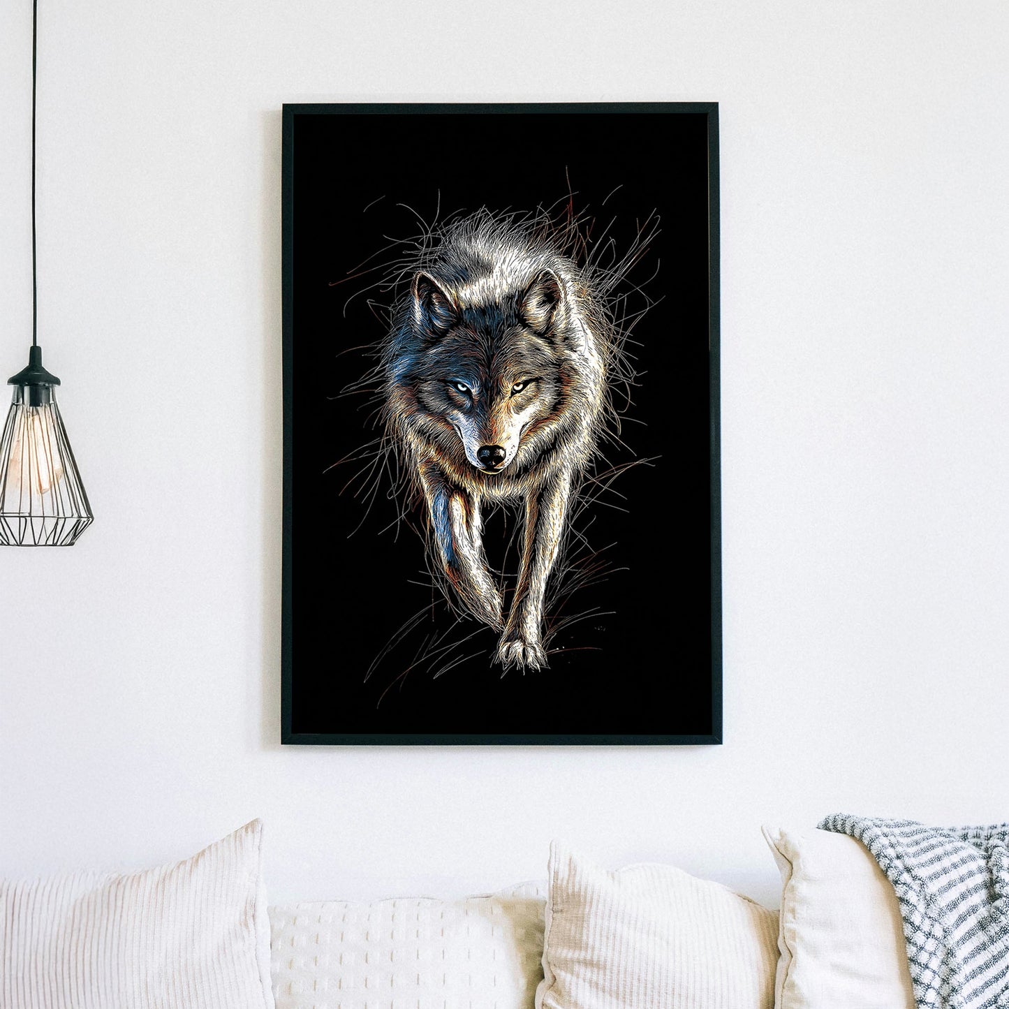 A highly detailed digital illustration of a lone wolf with glowing eyes, set against a deep black background, creating a striking contrast