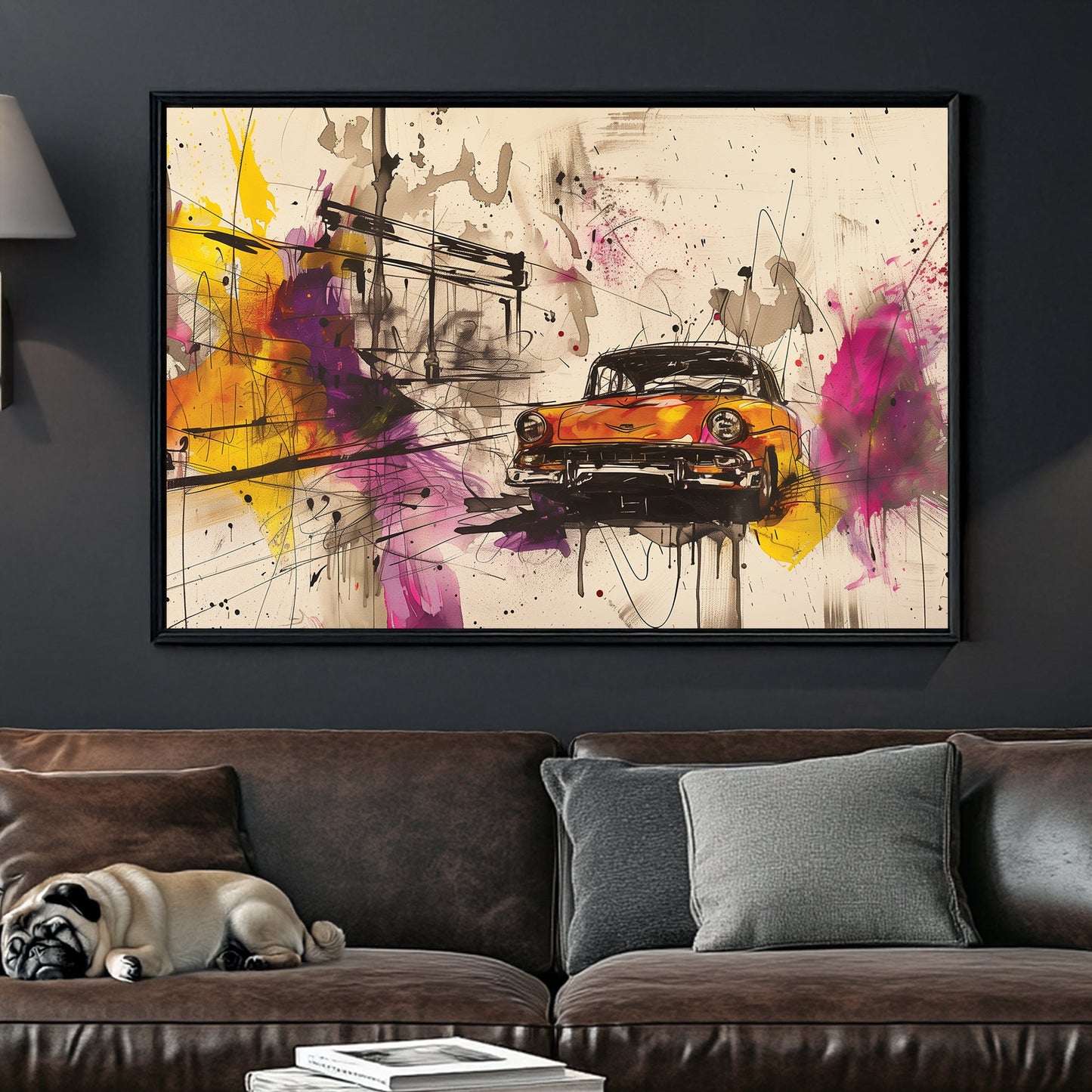 A dynamic abstract wall art print featuring a vintage car speeding through a colourful urban scene with bold splashes of magenta, yellow, and black