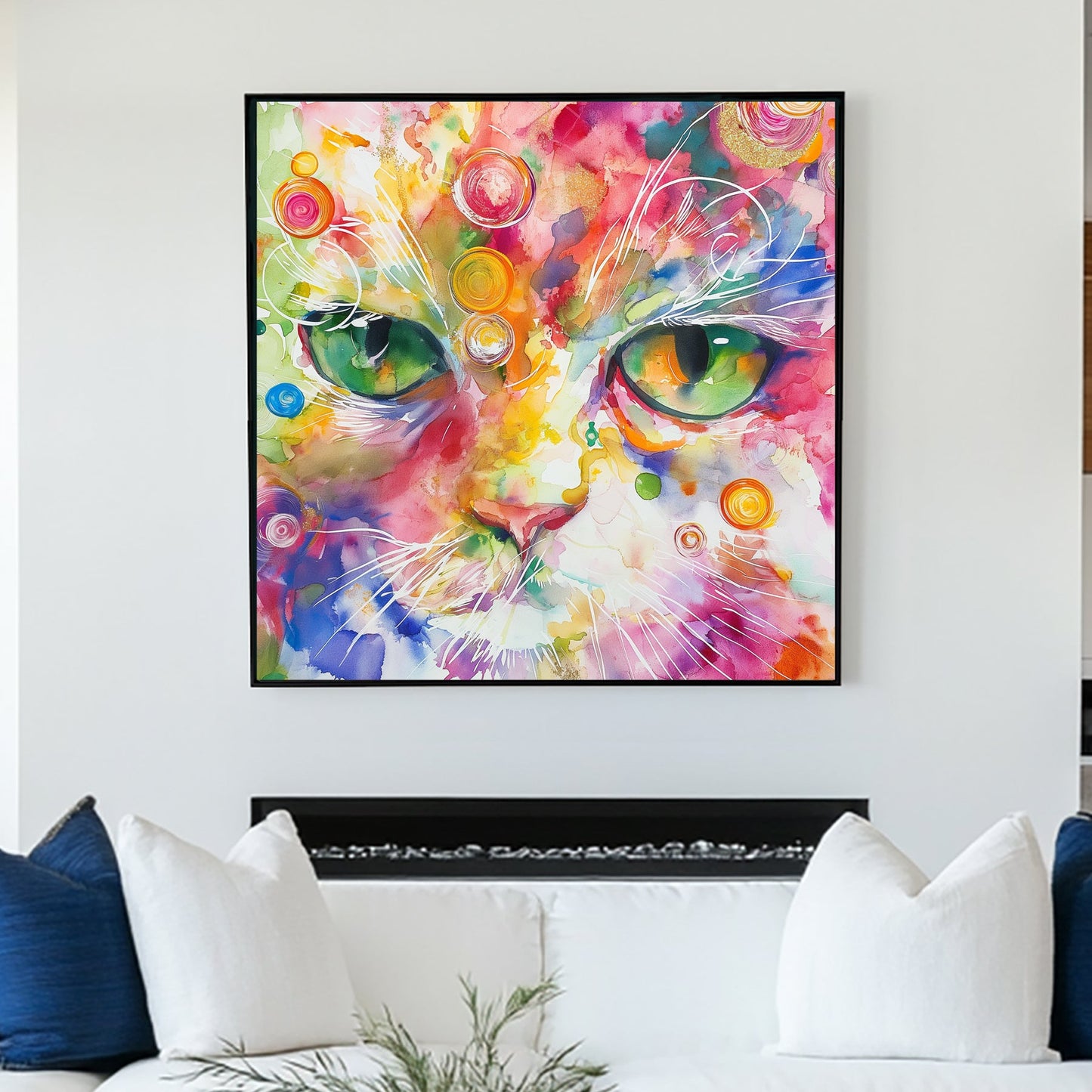 A vibrant abstract wall art print of a cat’s intense green eyes surrounded by swirling watercolour splashes in pink, yellow, blue, and orange