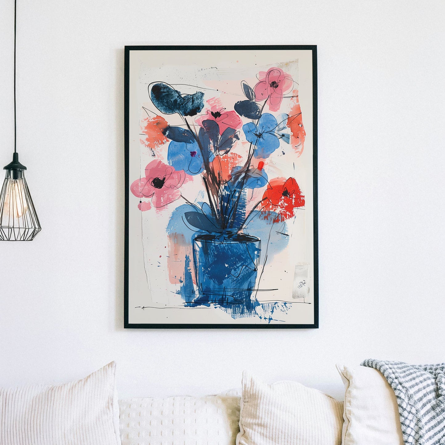 A modern abstract floral wall art print featuring bold strokes of blue, pink, and red with a wall art print-like bouquet in a textured composition.
