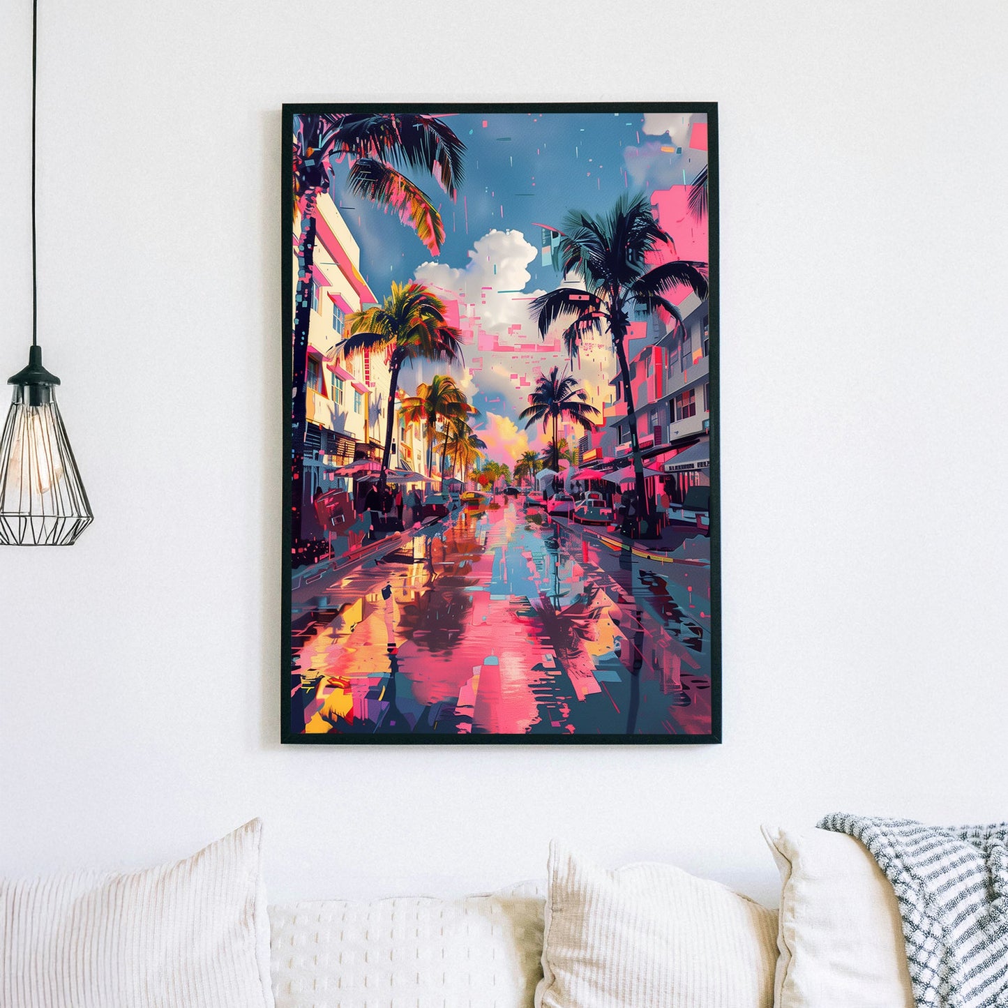 A vibrant futuristic wall art print of a city street lined with palm trees, reflecting neon pinks and blues in a cyberpunk-inspired, digitally distorted scene