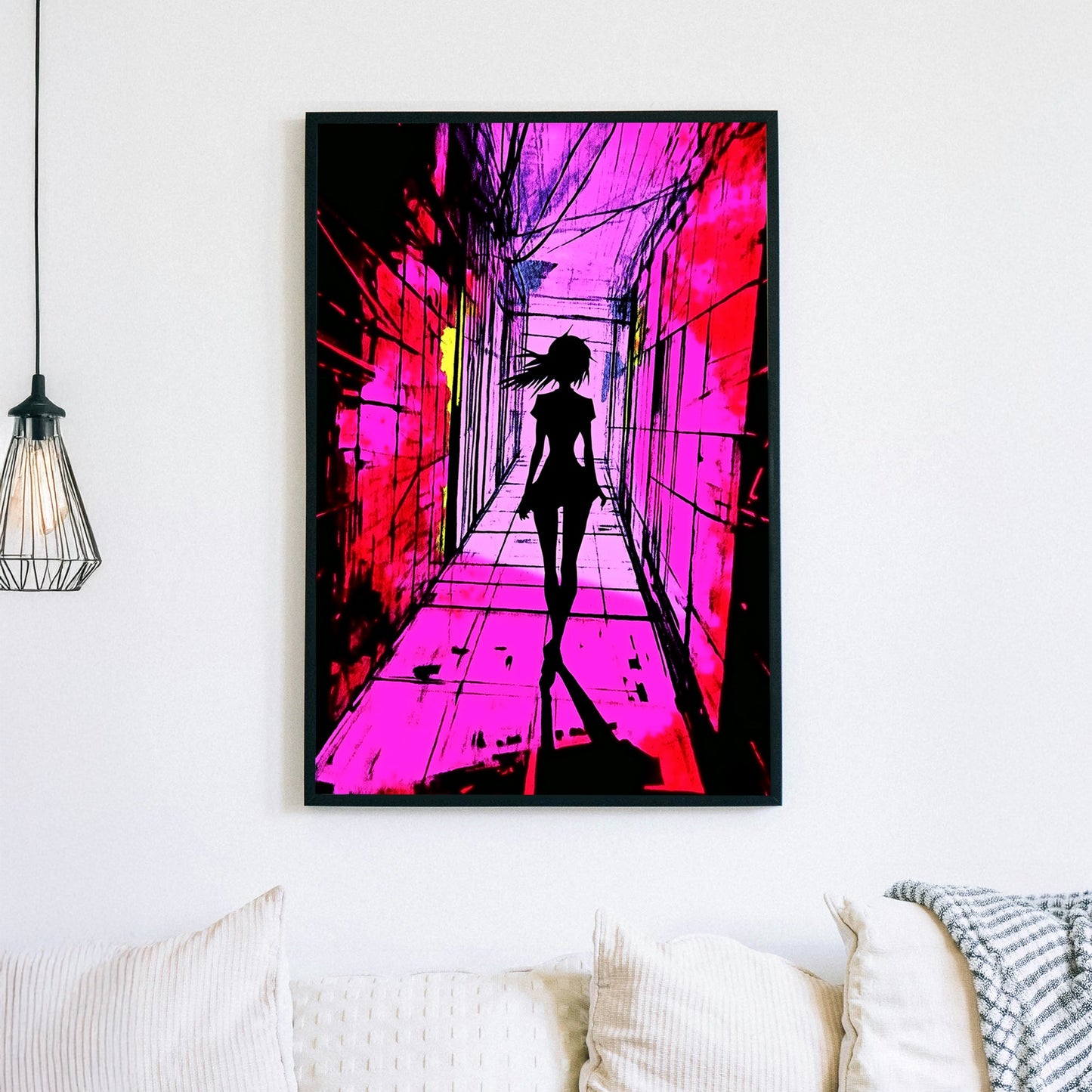 A silhouette of a figure walking down a neon-lit corridor, bathed in vibrant pink and purple hues, with cyberpunk-inspired abstract textures