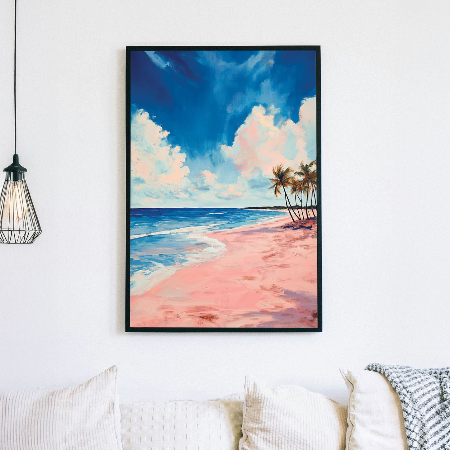 A tranquil beach scene with soft pink sand, deep blue ocean waves, and palm trees swaying under a vast sky with dreamy clouds
