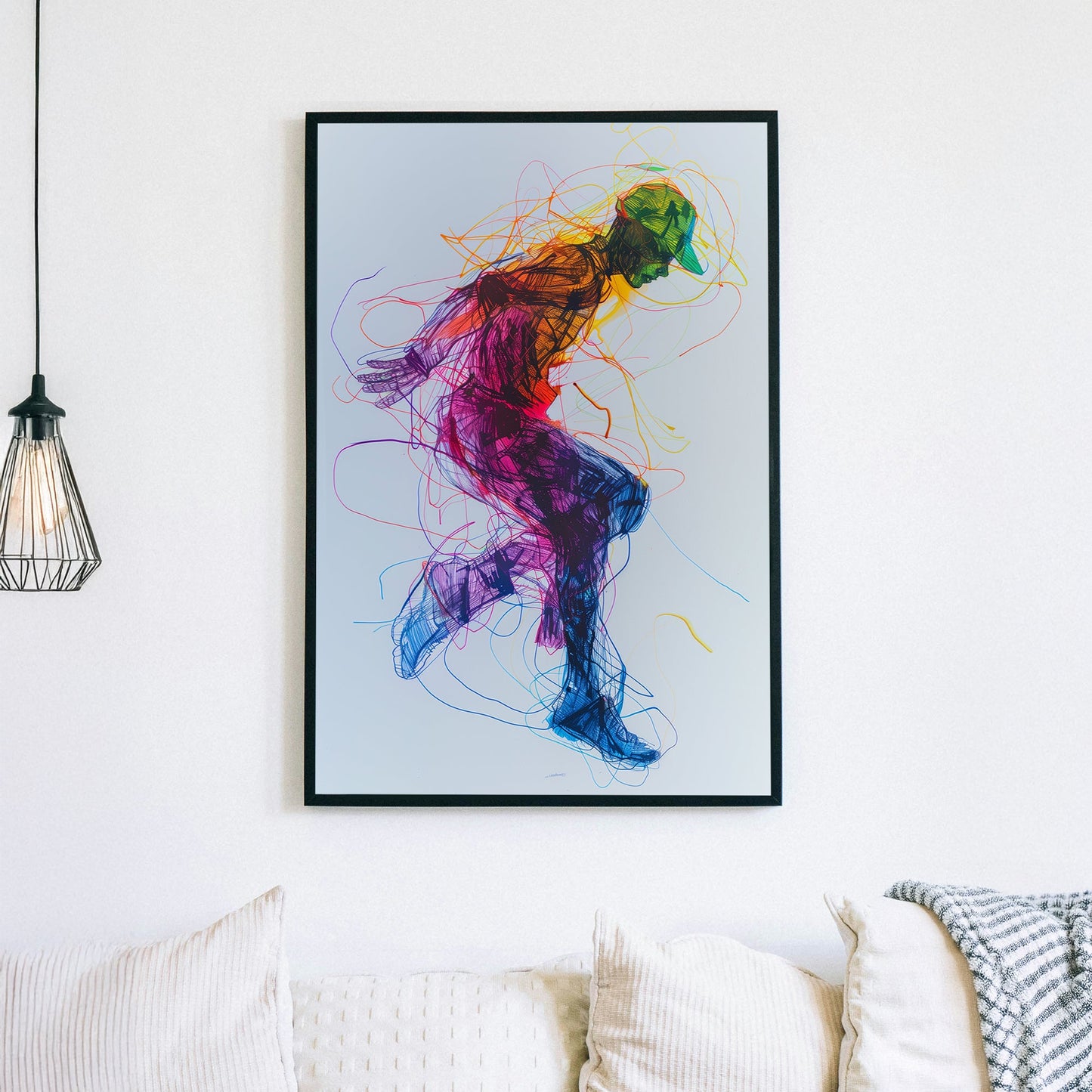 Vibrant sketch-style artwork of a figure in motion with neon colours, expressive strokes, and a dynamic urban aesthetic.