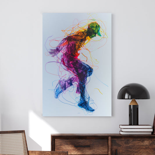 Vibrant sketch-style artwork of a figure in motion with neon colours, expressive strokes, and a dynamic urban aesthetic.