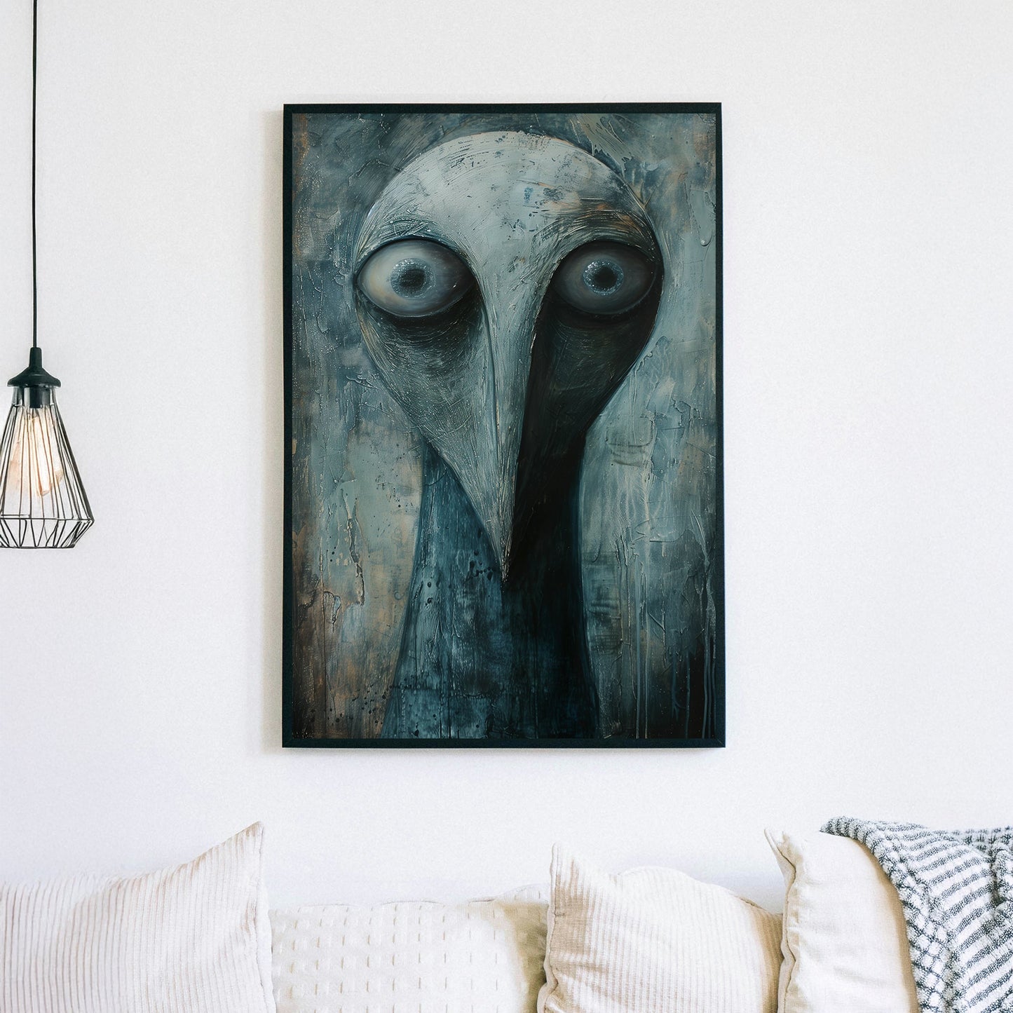 Surreal dark-toned portrait of an abstract bird-like figure with intense, wide eyes and textured brushstrokes.