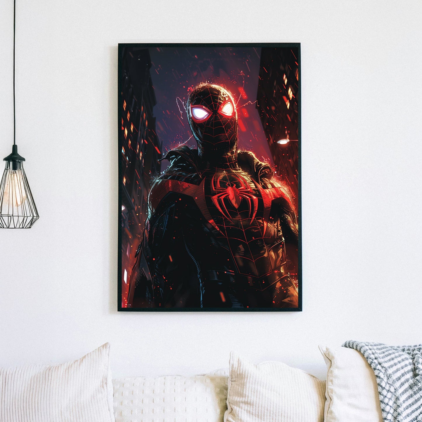 Futuristic neon-lit artwork of a masked vigilante in a black and red suit, glowing with power against a dark cityscape.