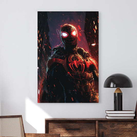 Futuristic neon-lit artwork of a masked vigilante in a black and red suit, glowing with power against a dark cityscape.