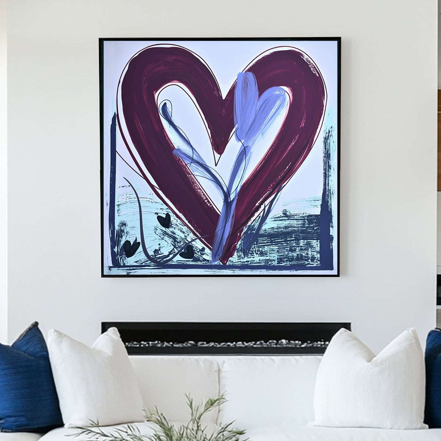 Abstract heart wall art with bold red and blue brushstrokes, expressive textures, and dynamic movement.