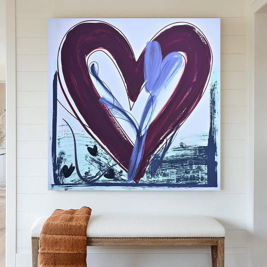 Abstract heart wall art with bold red and blue brushstrokes, expressive textures, and dynamic movement.