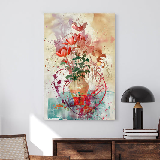 Abstract floral artwork featuring red tulips in a textured vase with expressive splashes of colour and an artistic, modern background.