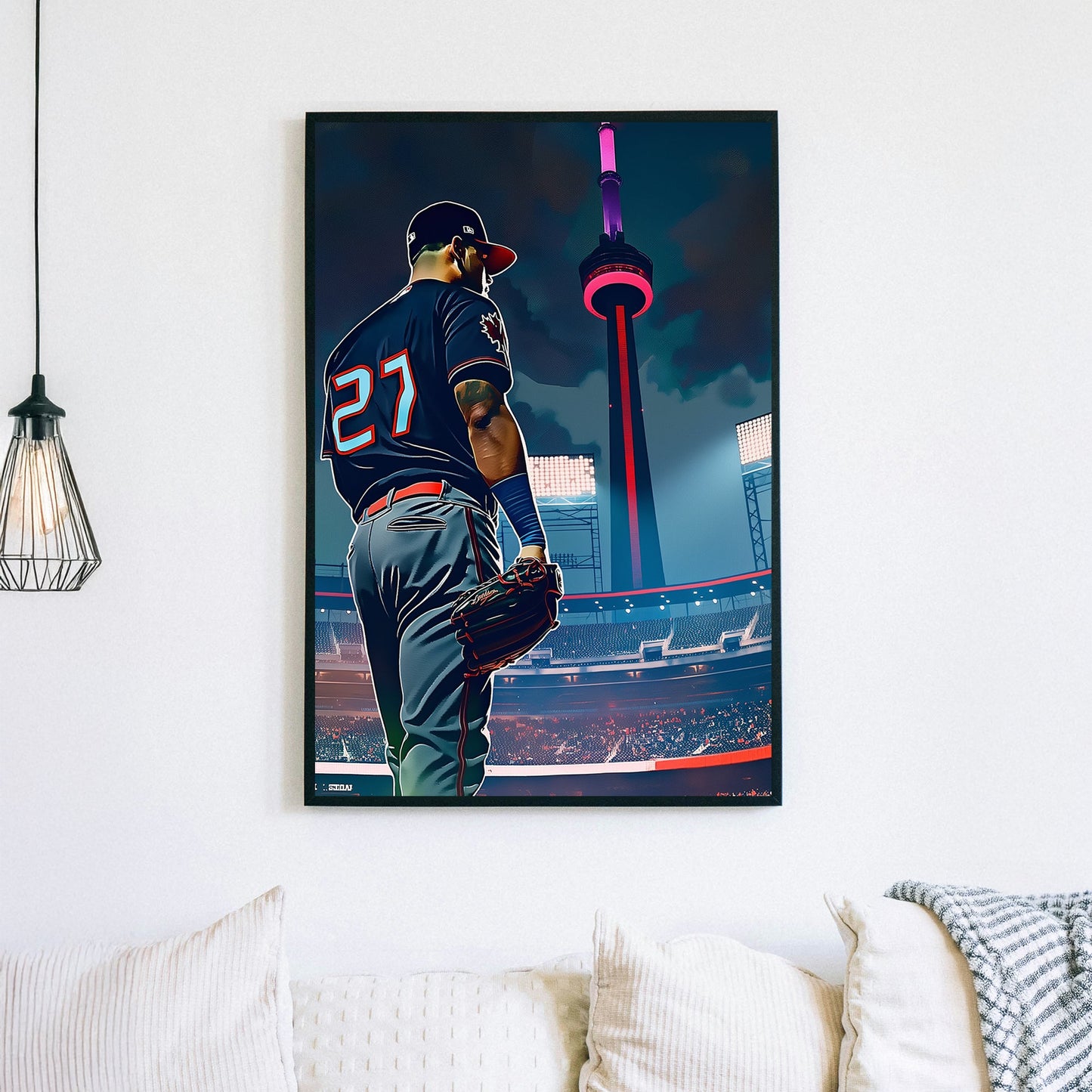Stylized digital artwork of a baseball player in a Toronto jersey standing in a stadium with the CN Tower glowing in the background.