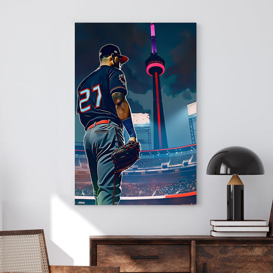 Stylized digital artwork of a baseball player in a Toronto jersey standing in a stadium with the CN Tower glowing in the background.