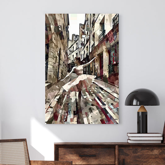 Abstract digital wall art of a ballerina dancing in a narrow European street, blending movement with textured, earthy tones.