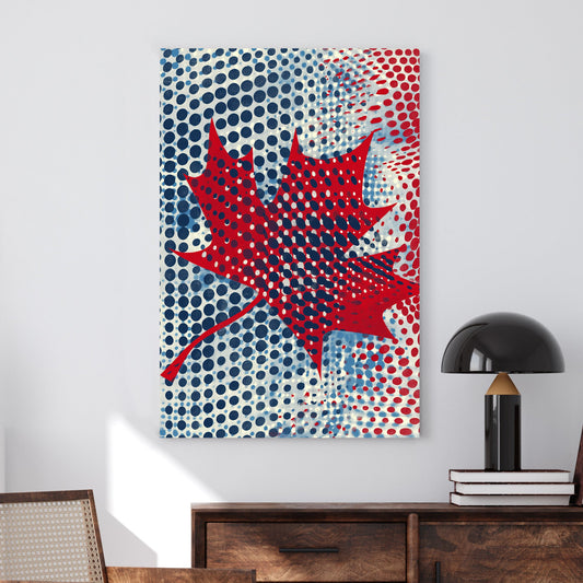 Pop art-style maple leaf artwork with bold red, blue, and white halftone dots in a modern Canadian design.