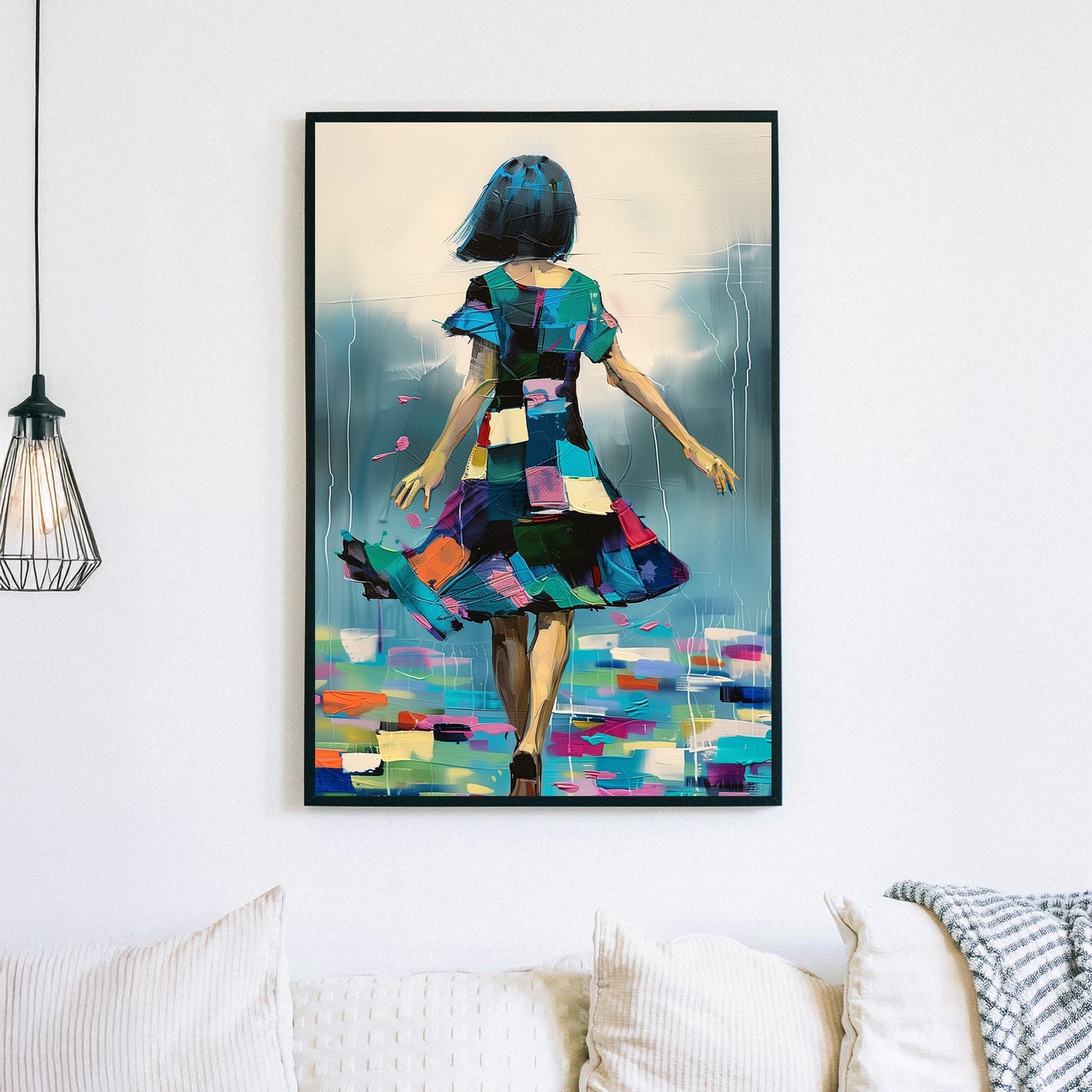 Abstract wall art of a woman in a vibrant patchwork dress walking forward, surrounded by bold brushstrokes and dreamy colours.