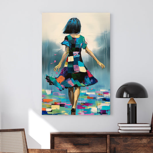 Abstract wall art of a woman in a vibrant patchwork dress walking forward, surrounded by bold brushstrokes and dreamy colours.