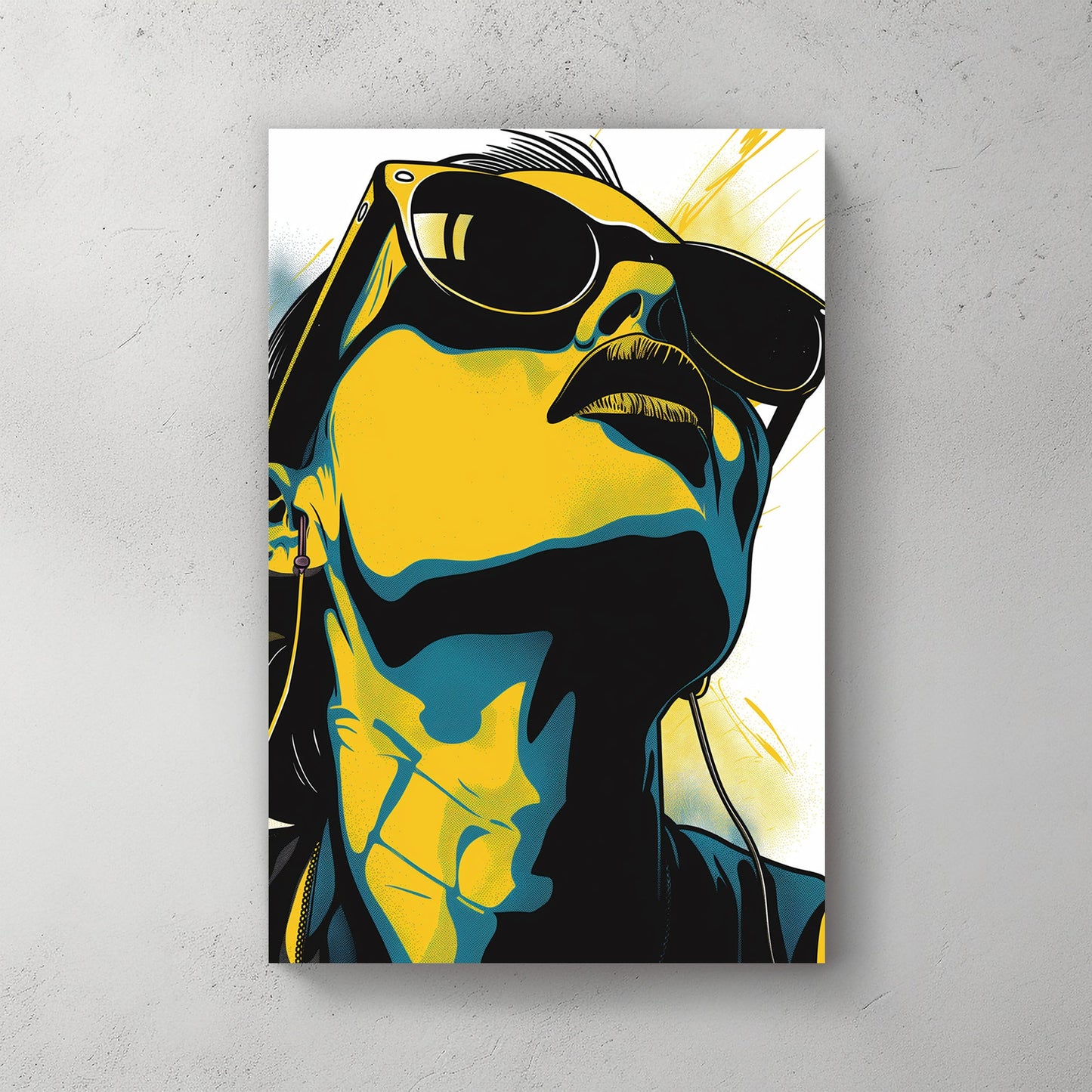 Pop art-inspired close-up of a person wearing sunglasses and headphones, rendered in bold yellow, black, and blue tones.