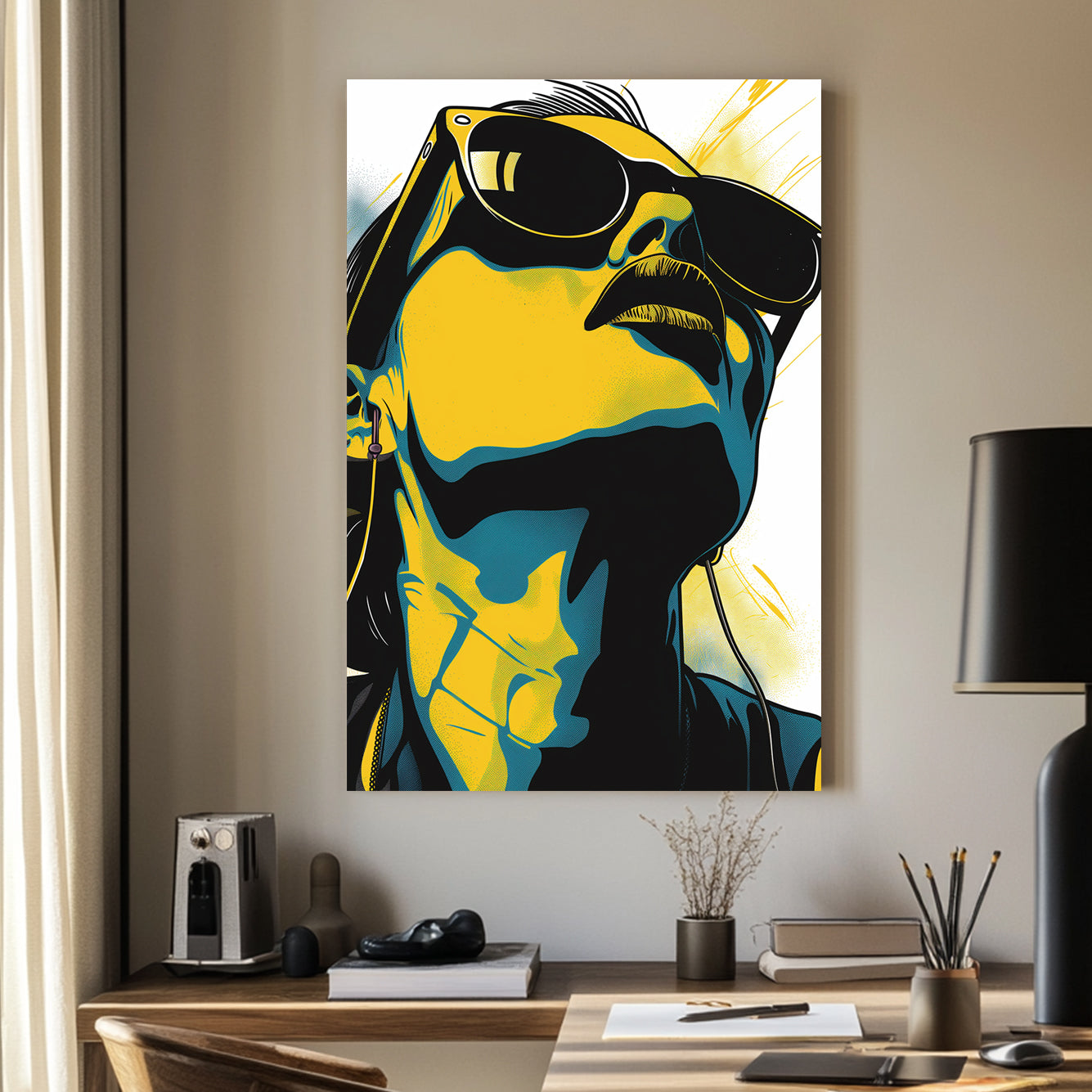 Pop art-inspired close-up of a person wearing sunglasses and headphones, rendered in bold yellow, black, and blue tones.