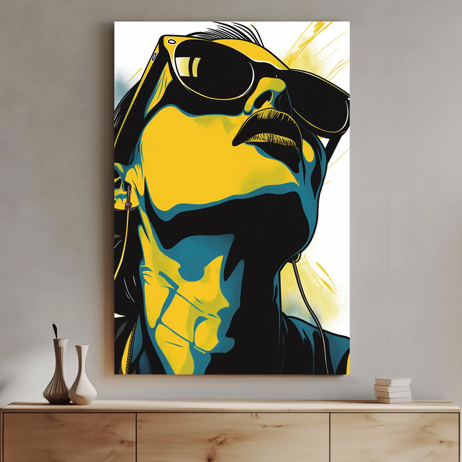 Pop art-inspired close-up of a person wearing sunglasses and headphones, rendered in bold yellow, black, and blue tones.