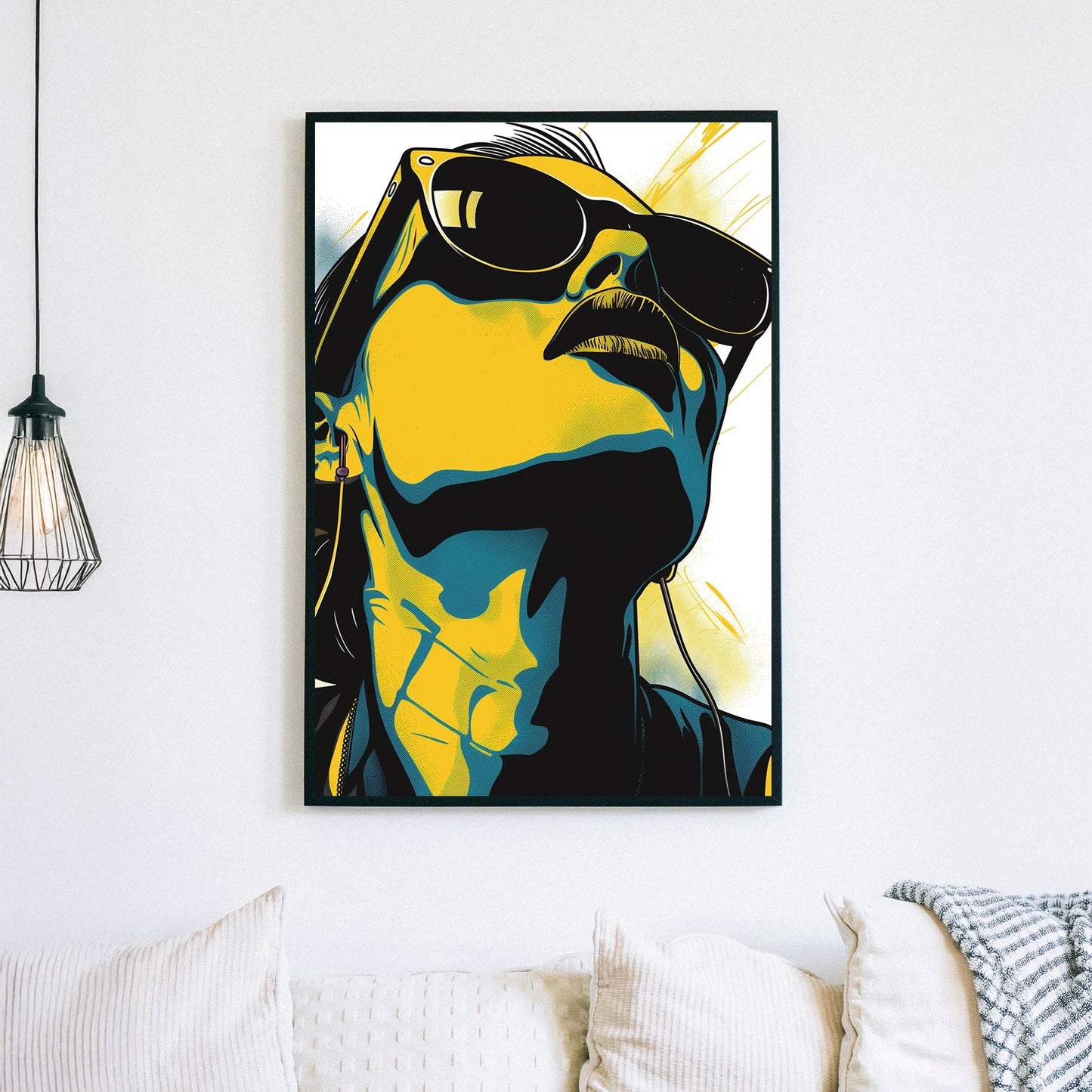 Pop art-inspired close-up of a person wearing sunglasses and headphones, rendered in bold yellow, black, and blue tones.