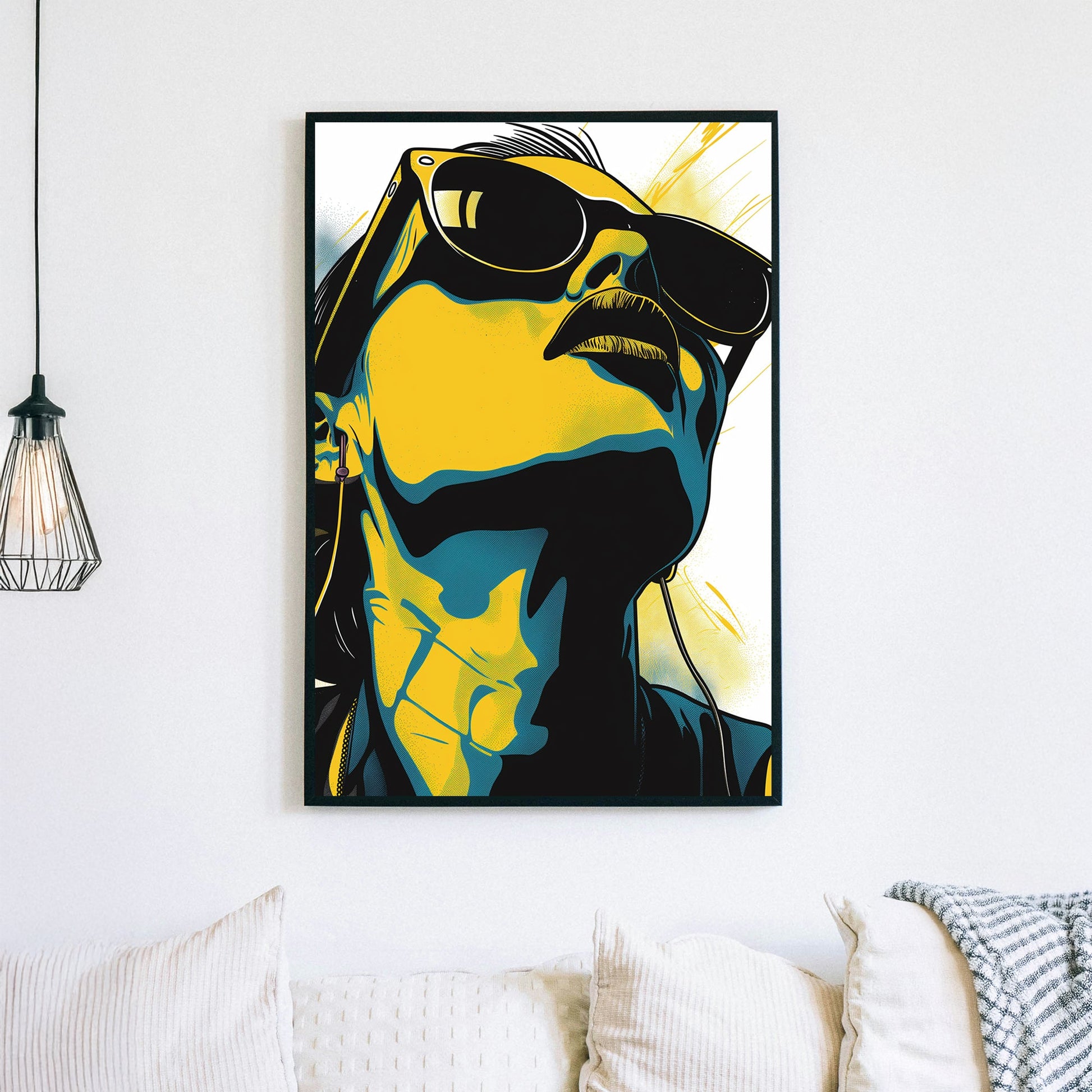 Pop art-inspired close-up of a person wearing sunglasses and headphones, rendered in bold yellow, black, and blue tones.