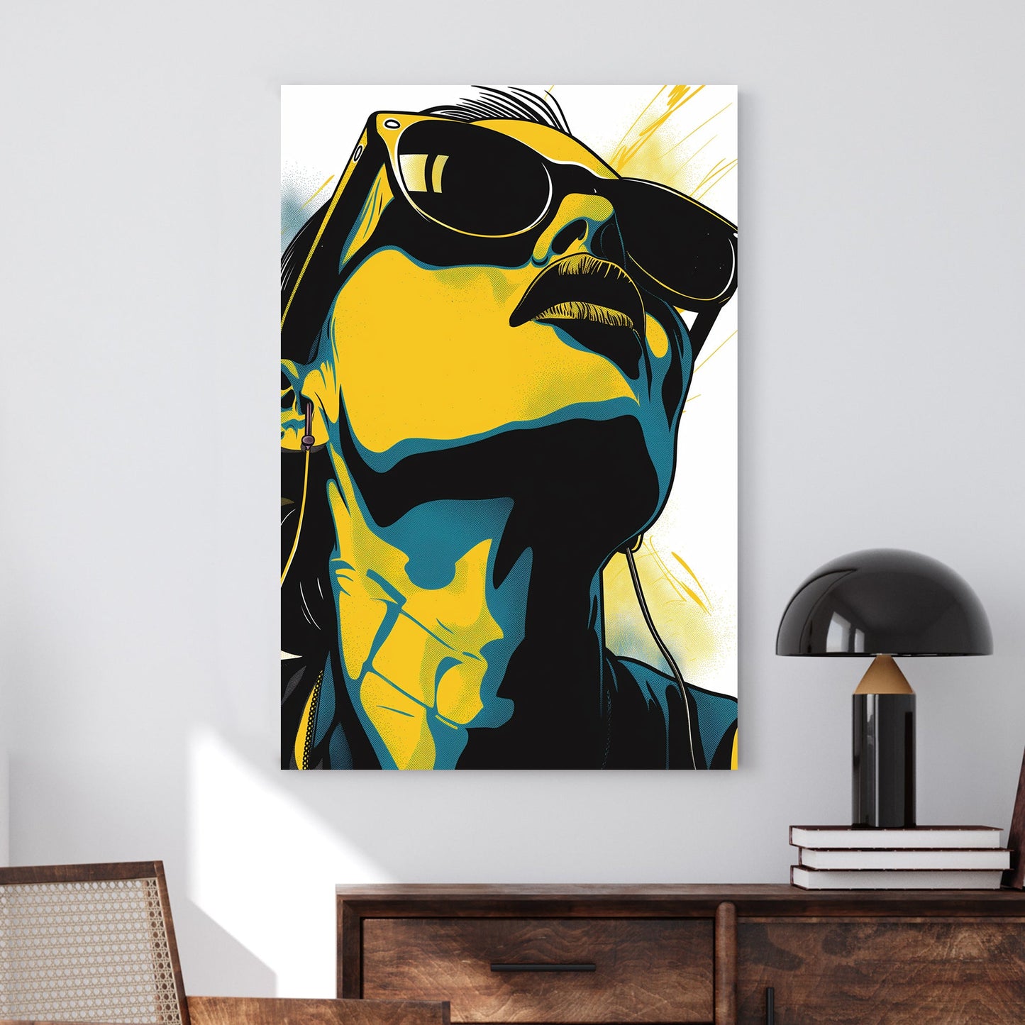 Pop art-inspired close-up of a person wearing sunglasses and headphones, rendered in bold yellow, black, and blue tones.