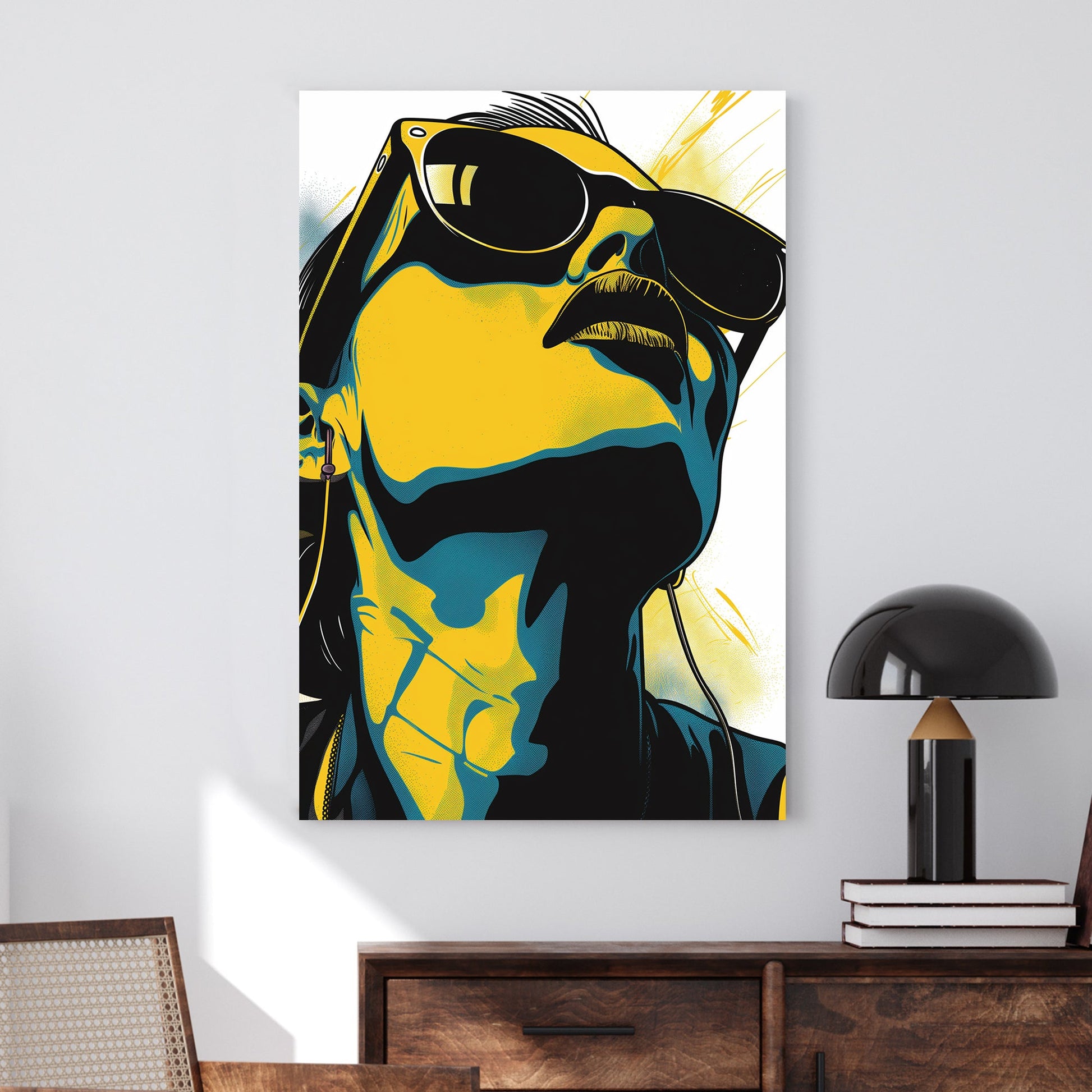 Pop art-inspired close-up of a person wearing sunglasses and headphones, rendered in bold yellow, black, and blue tones.