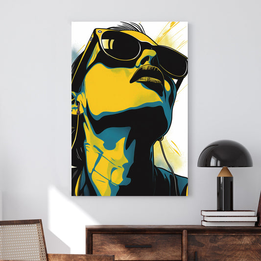 Pop art-inspired close-up of a person wearing sunglasses and headphones, rendered in bold yellow, black, and blue tones.