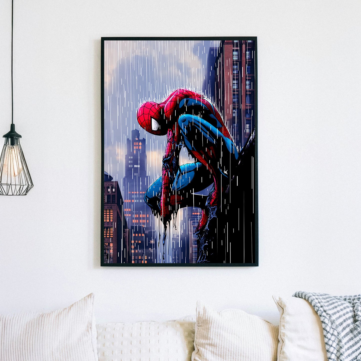 Comic book-style artwork of a spiderman crouching on a city rooftop in the rain, with a dramatic skyline in the background.