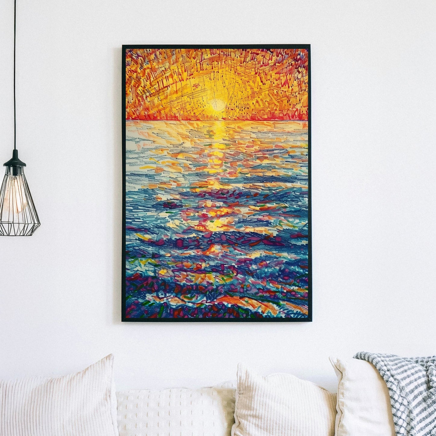 Vibrant impressionist wall art of a sunset over the ocean, featuring rich hues of gold, orange, and deep blue with expressive brushstrokes.