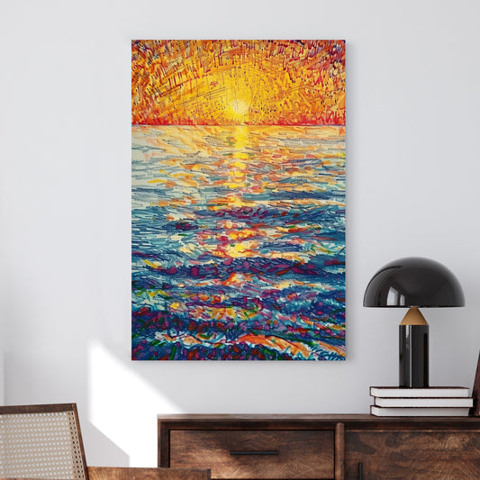 Vibrant impressionist wall art of a sunset over the ocean, featuring rich hues of gold, orange, and deep blue with expressive brushstrokes.