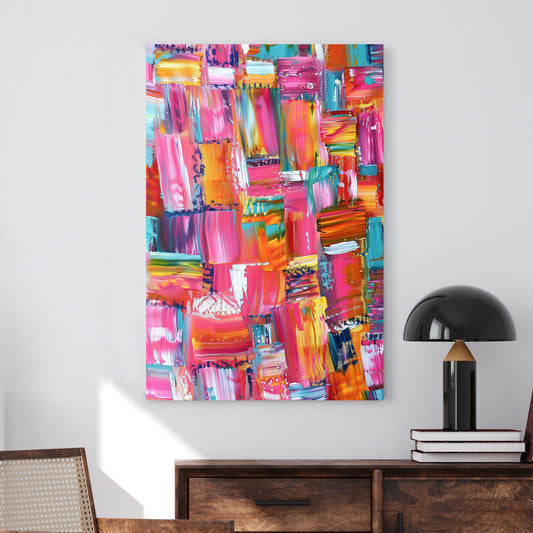 Abstract wall art with bold brushstrokes in pink, teal, orange, and gold, creating a vibrant and textured composition.
