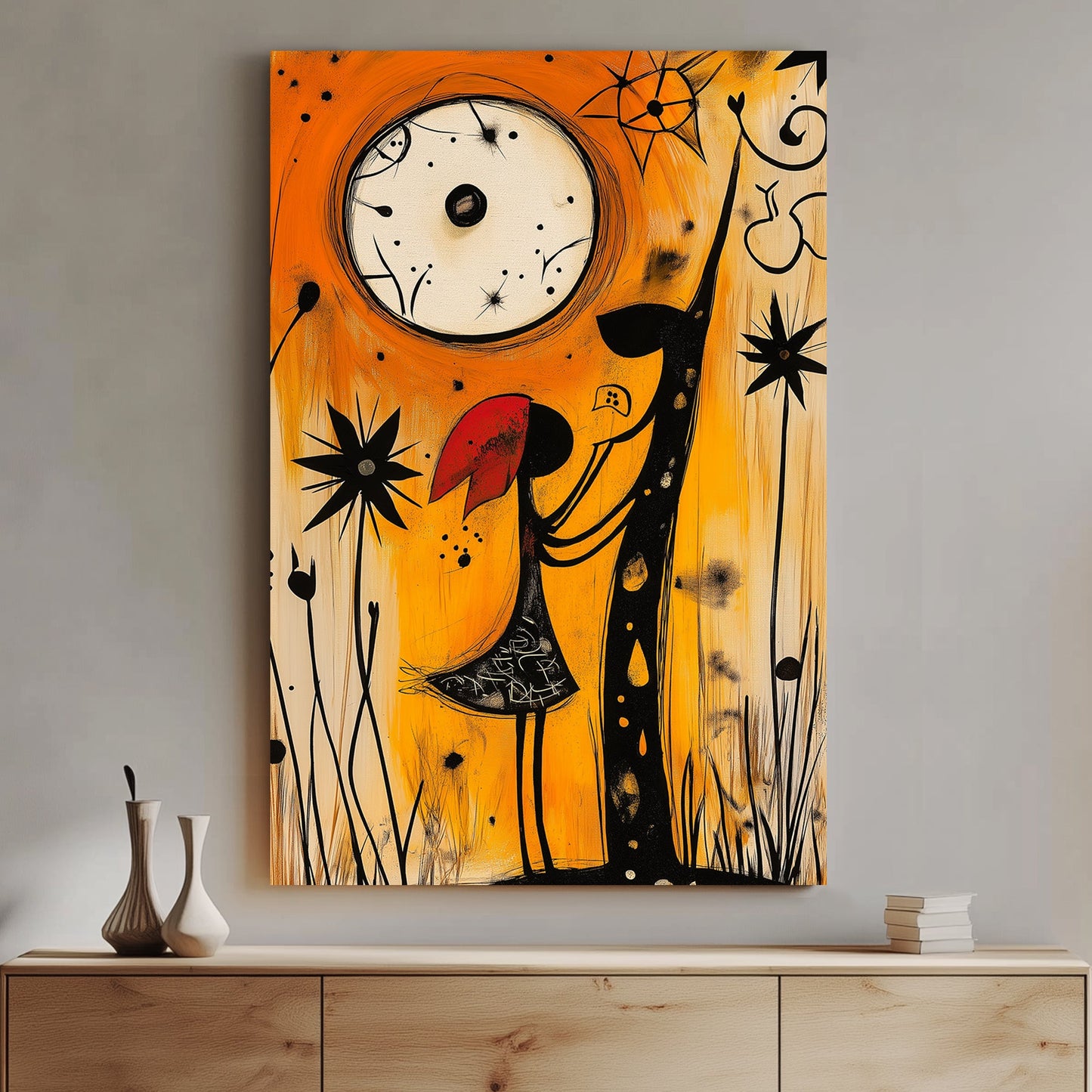 Whimsical abstract wall art of a girl in a red hood interacting with a mystical creature under a glowing moon, set in a warm orange and black palette.