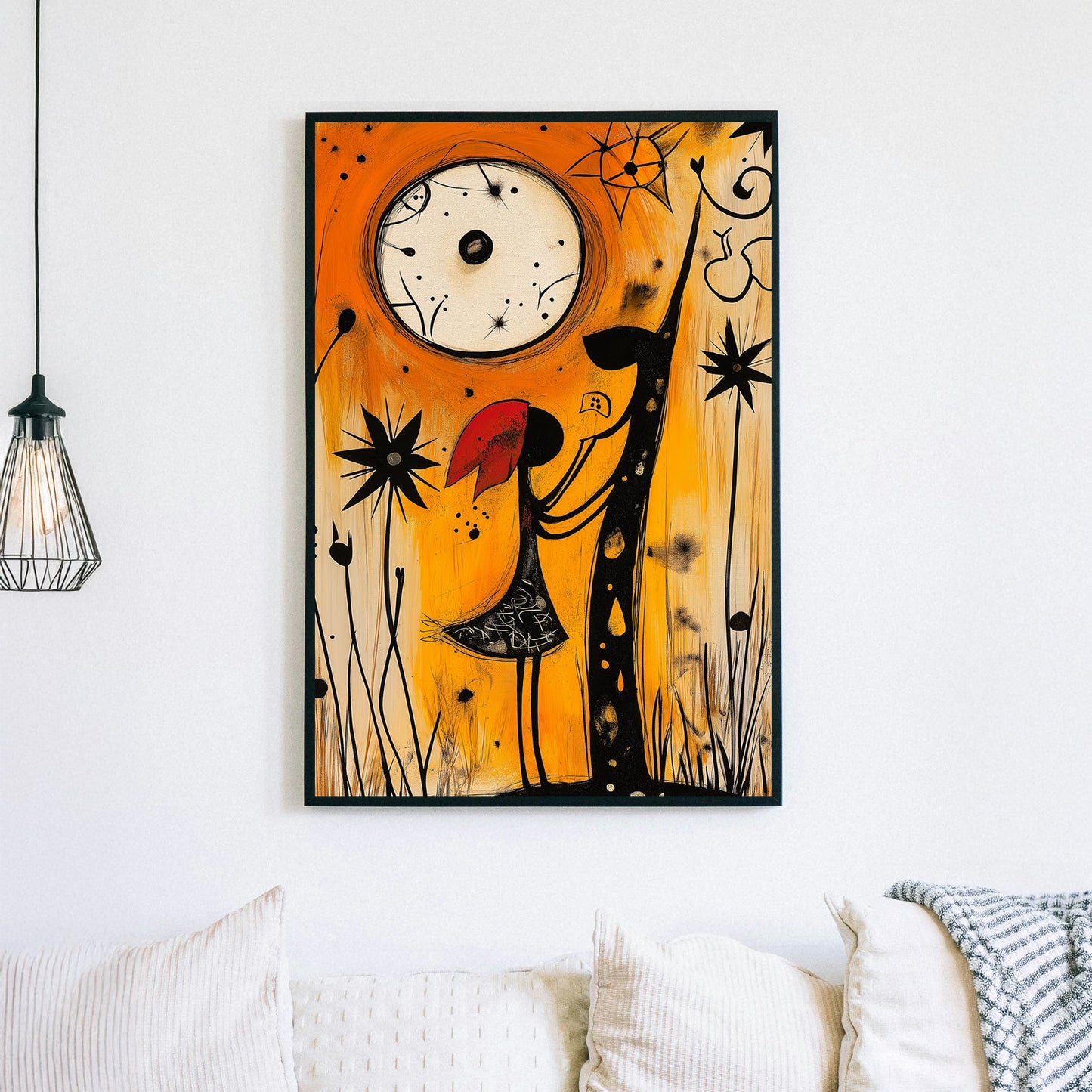 Whimsical abstract wall art of a girl in a red hood interacting with a mystical creature under a glowing moon, set in a warm orange and black palette.