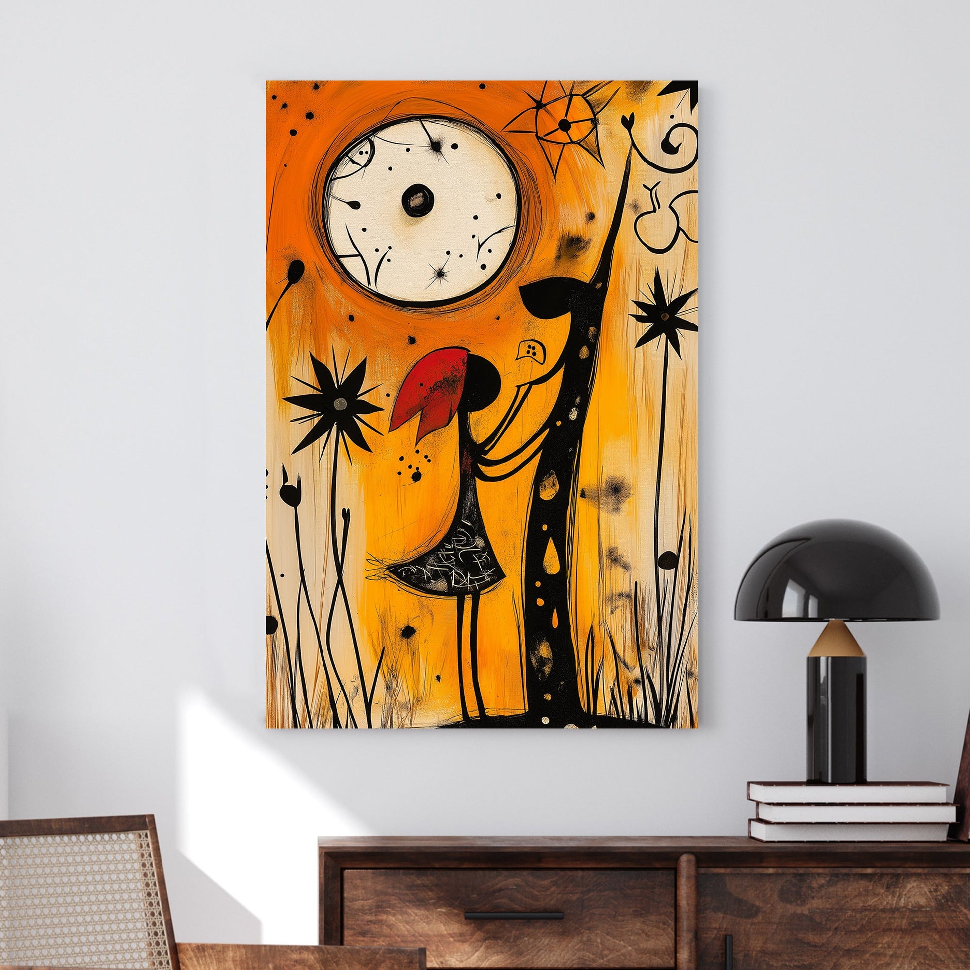 Whimsical abstract wall art of a girl in a red hood interacting with a mystical creature under a glowing moon, set in a warm orange and black palette.