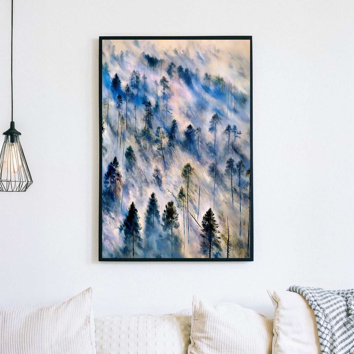 Ethereal landscape wall art of mist-covered pine trees in soft blue, grey, and earth tones, evoking a tranquil forest scene.
