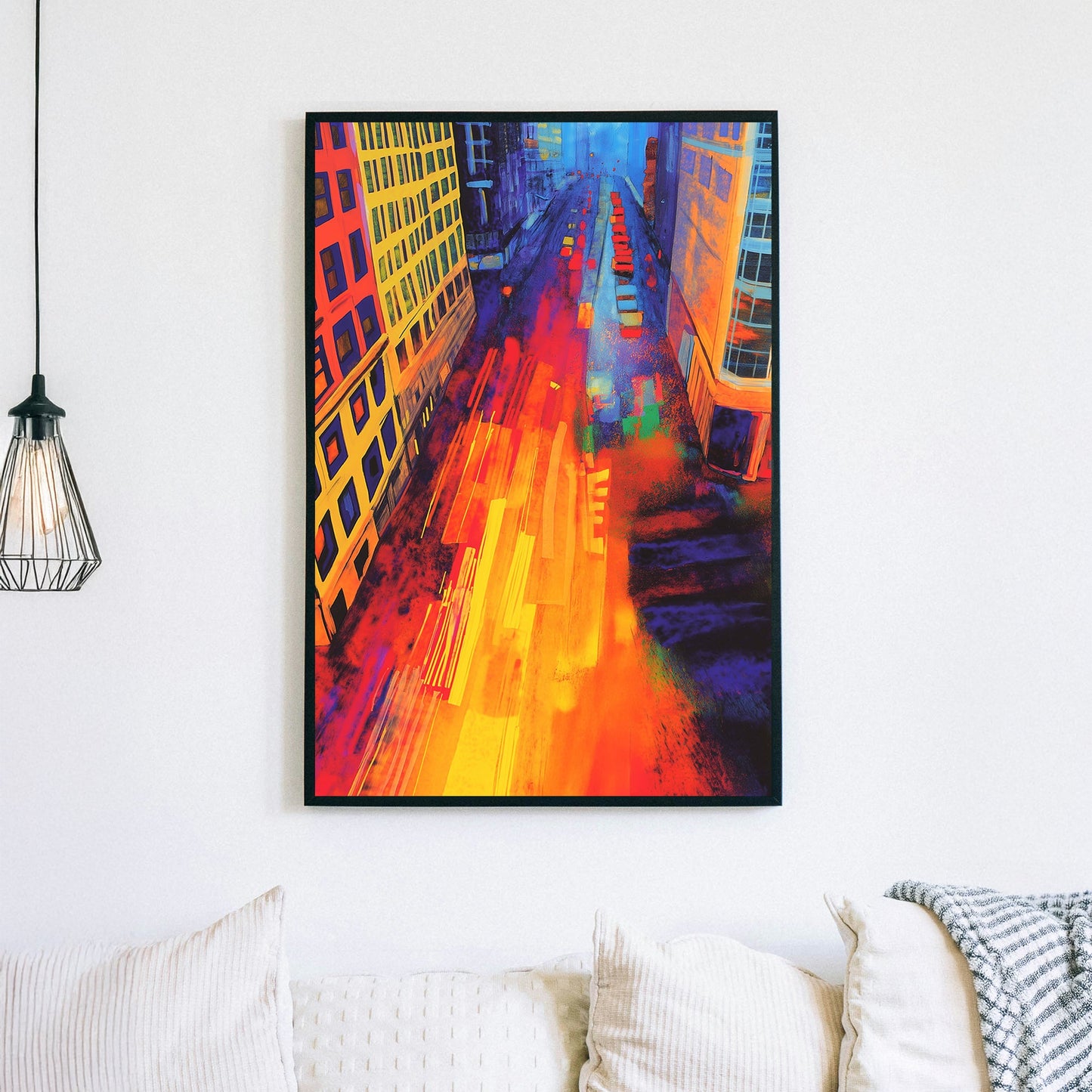 Abstract cityscape with neon lights, streaks of motion, and a silhouetted figure standing over a vibrant urban scene.