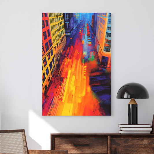 Abstract cityscape with neon lights, streaks of motion, and a silhouetted figure standing over a vibrant urban scene.