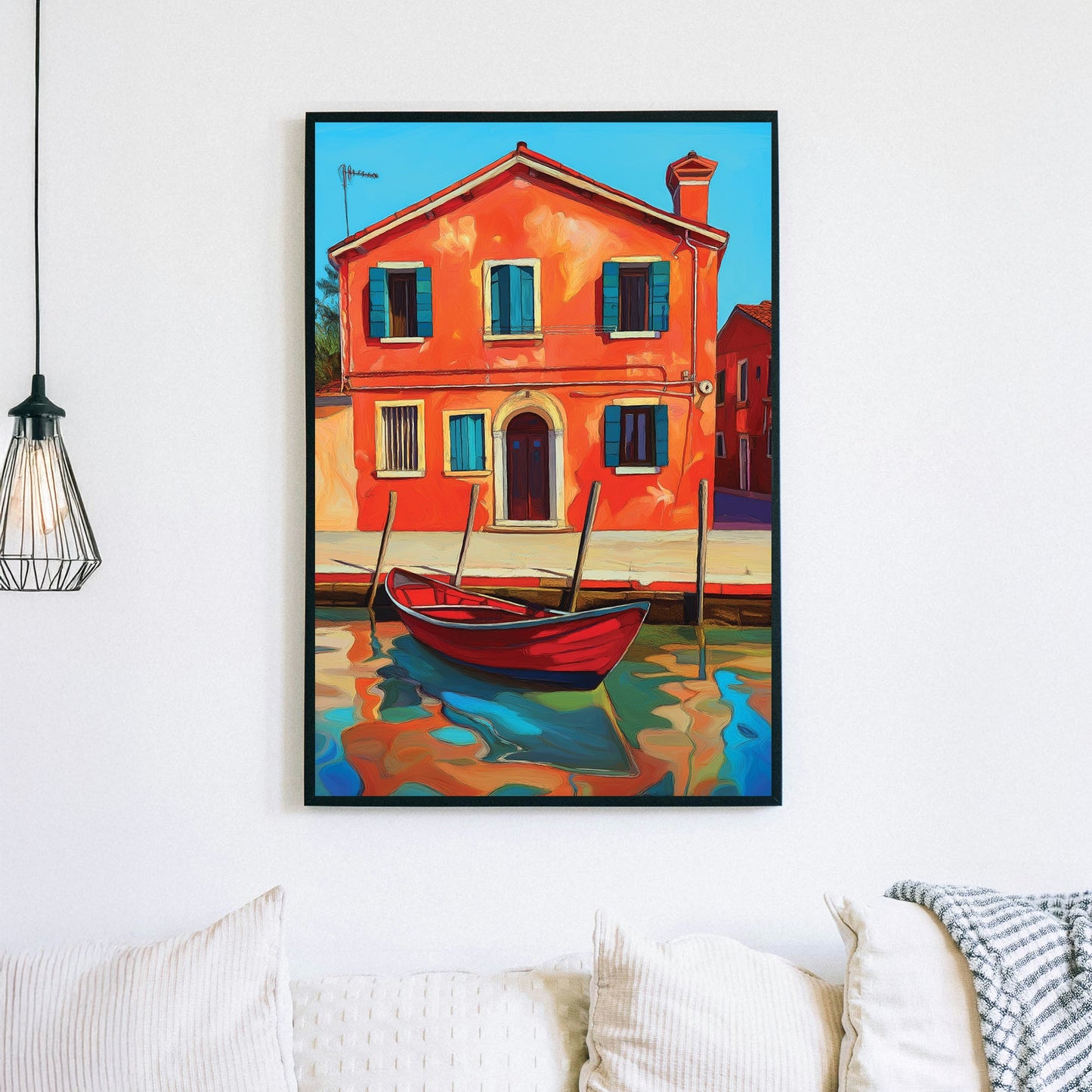 Vibrant wall art of a red Italian house with blue shutters, a canal, and a red boat reflecting in the water.