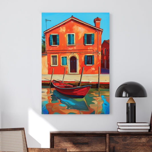 Vibrant wall art of a red Italian house with blue shutters, a canal, and a red boat reflecting in the water.