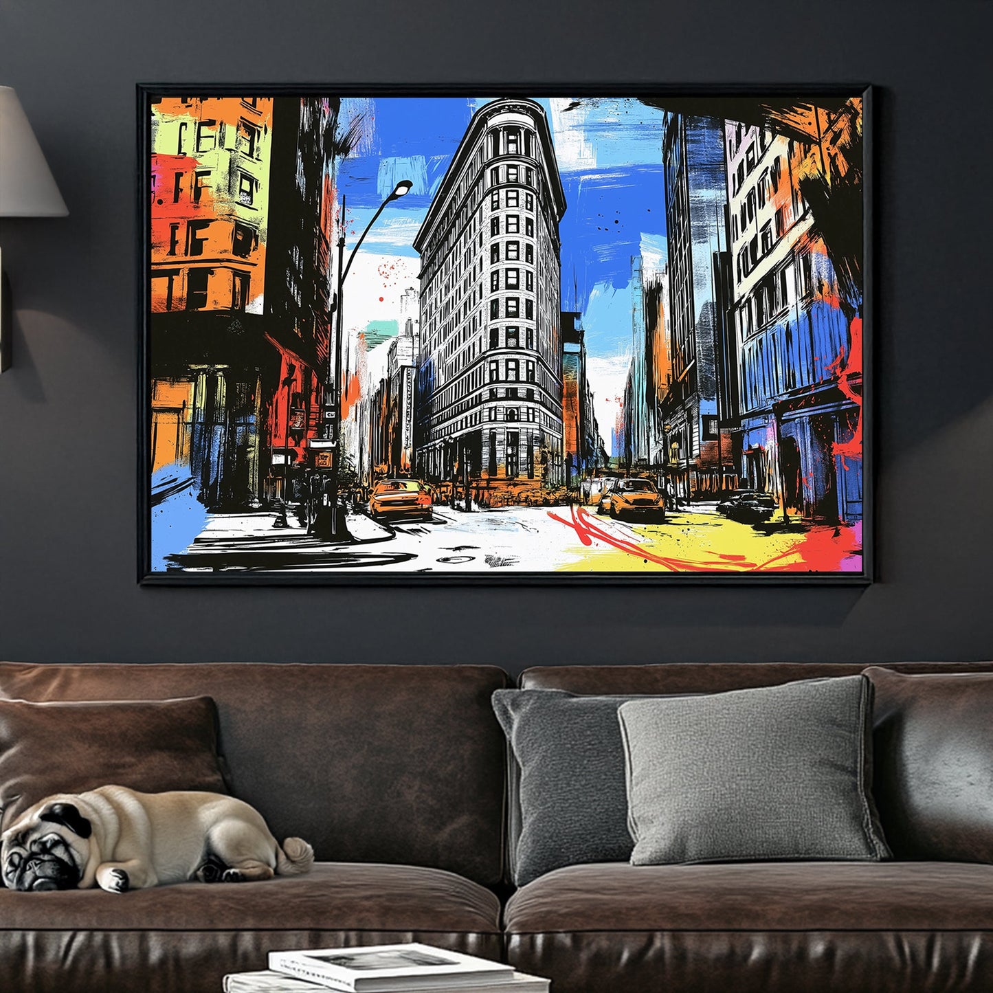 Graffiti-inspired cityscape featuring a black-and-white flatiron building with vibrant splashes of colour and bold brushstrokes.