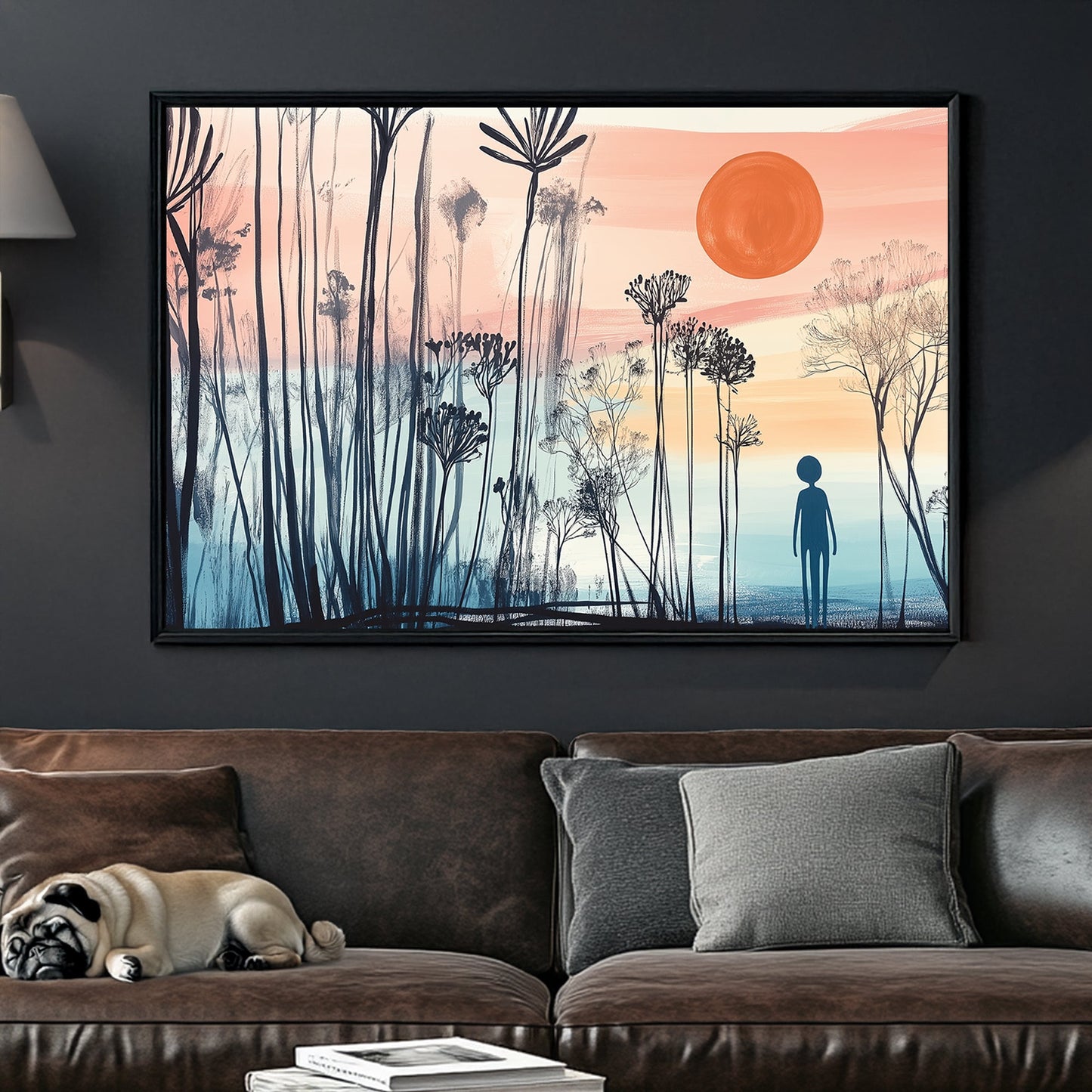 Minimalist landscape wall art of a silhouetted figure standing among abstract tall plants, with a pastel sunset in the background.
