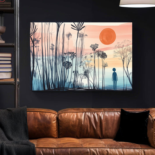 Minimalist landscape wall art of a silhouetted figure standing among abstract tall plants, with a pastel sunset in the background.