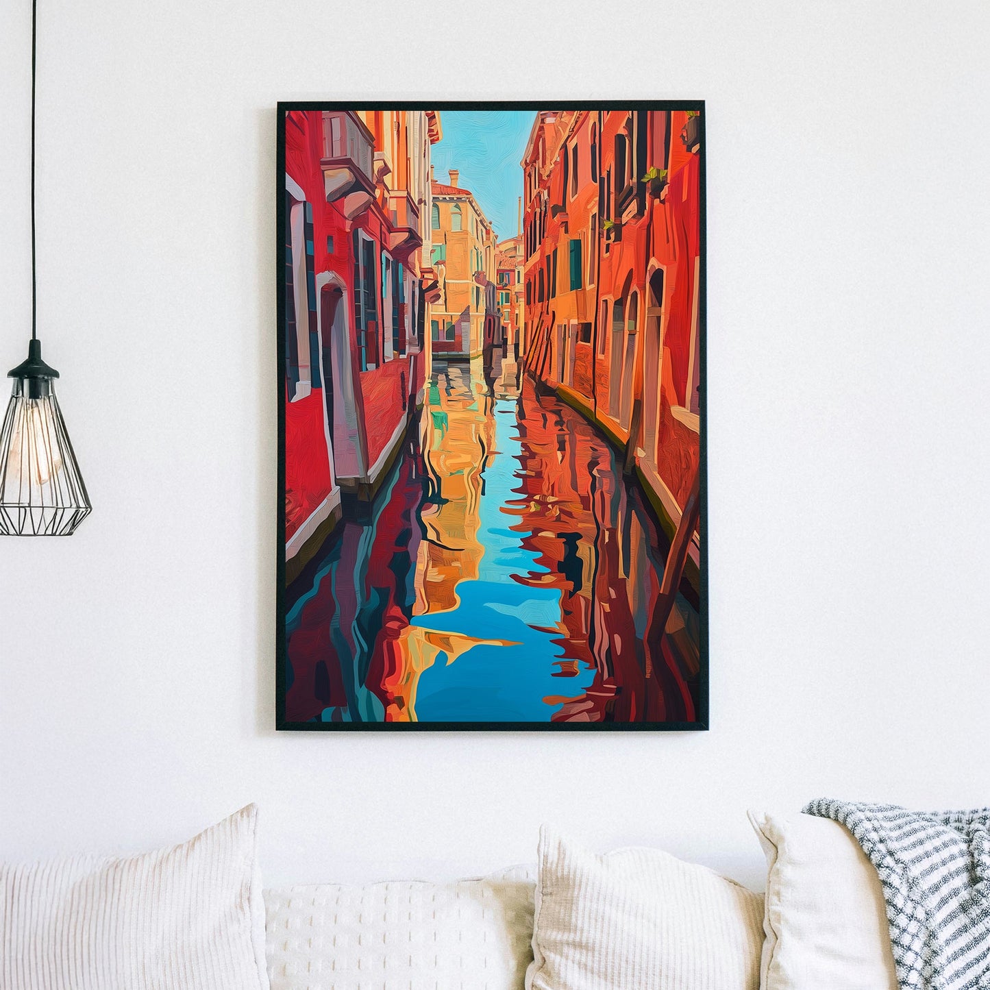 Vibrant digital wall art of a Venetian canal with warm-toned buildings reflecting in the blue waters.