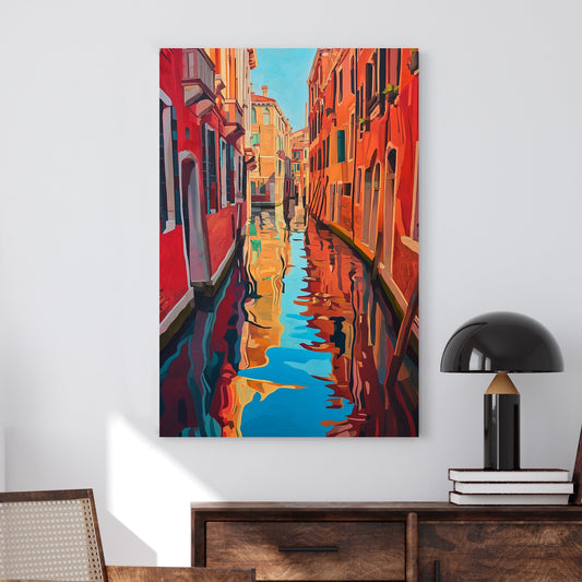 Vibrant digital wall art of a Venetian canal with warm-toned buildings reflecting in the blue waters.