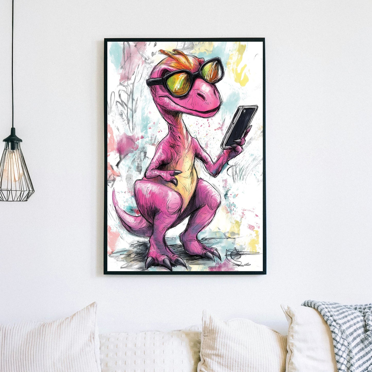 Sketch-style illustration of a pink raptor wearing sunglasses and holding a smartphone, with a colourful abstract background.